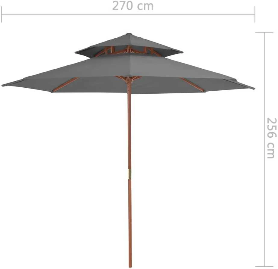 Skėtis su mediniu stulpu, antracito, 270cm, su dvigubu stogu