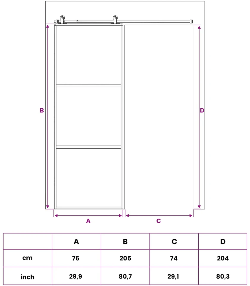Slankios durys 76 x 205 cm Grūdintas stiklas ir aliuminis