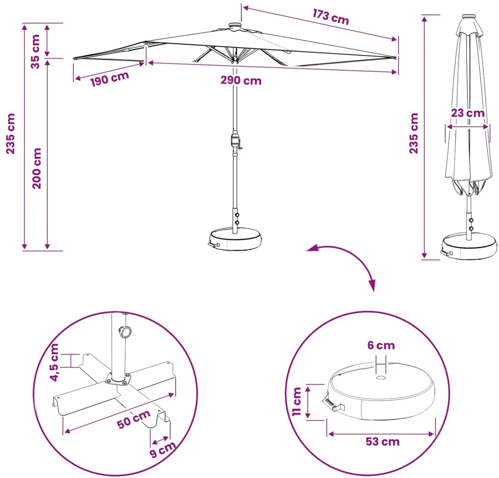 Sodo skėtis su LED šviesomis ir standu 200 x 300 cm Poliesteris