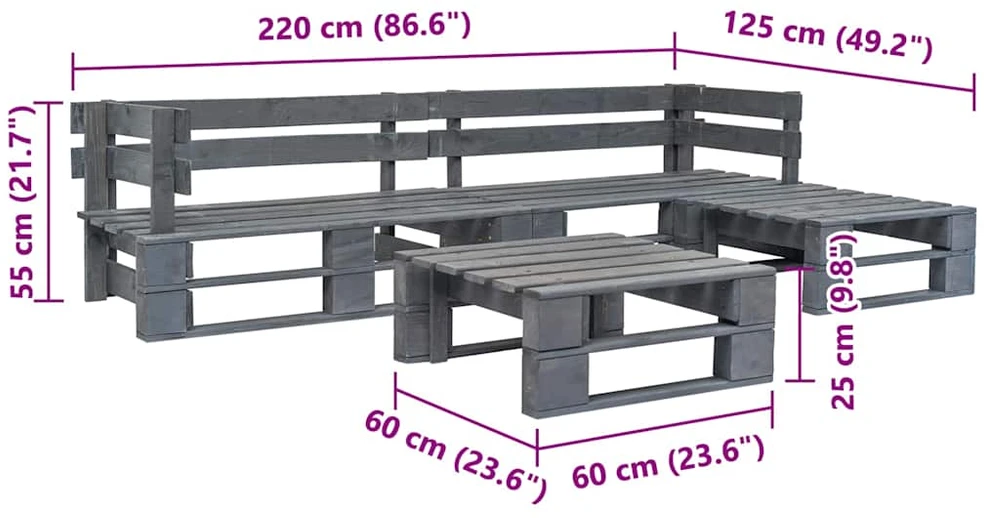 Lauko baldų komplektas Sodo baldų komplektas iš palečių, 4 dalių, pilkas, mediena