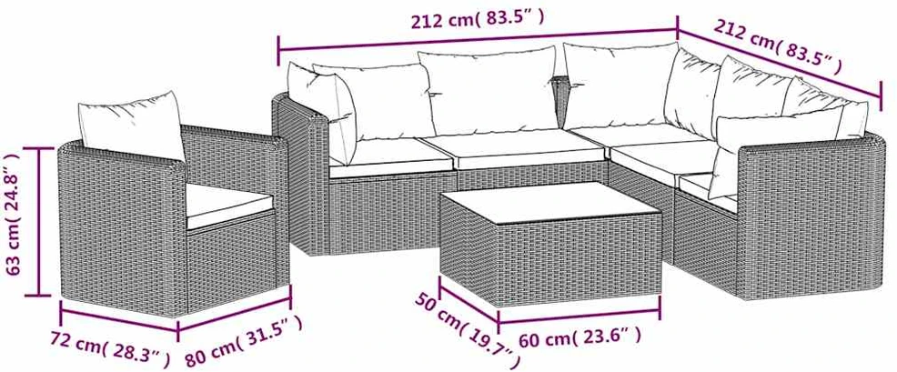Sodo baldų komplektas su pagalvėlėmis, 7 dalių, juodas, ratanas