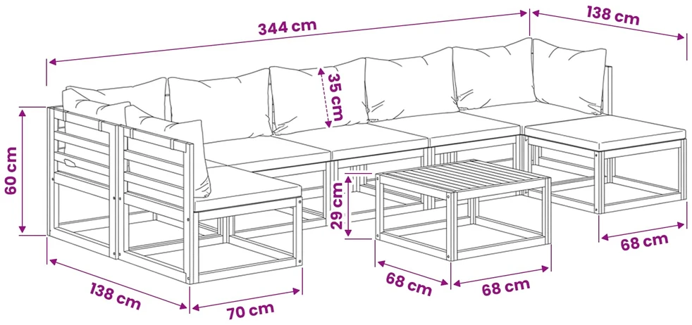 Lauko baldų komplektas Sodo baldų komplektas su pagalvėmis, 8 dalių, kreminis, akacija