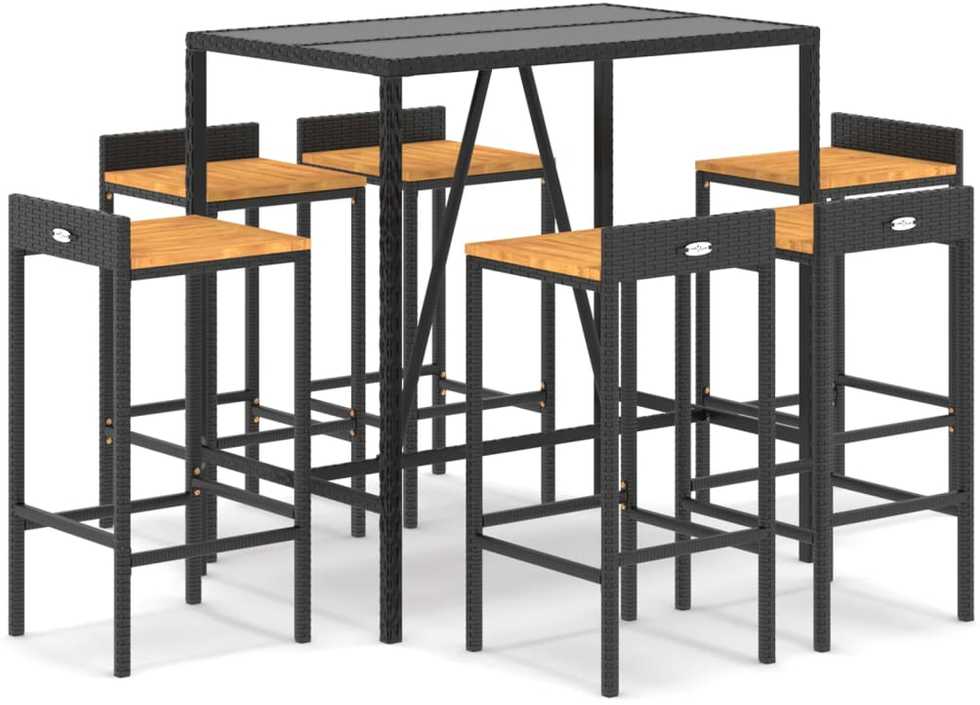 Lauko baldų komplektas Sodo baro komplektas, 7 dalių, juodas, poliratanas ir akacija