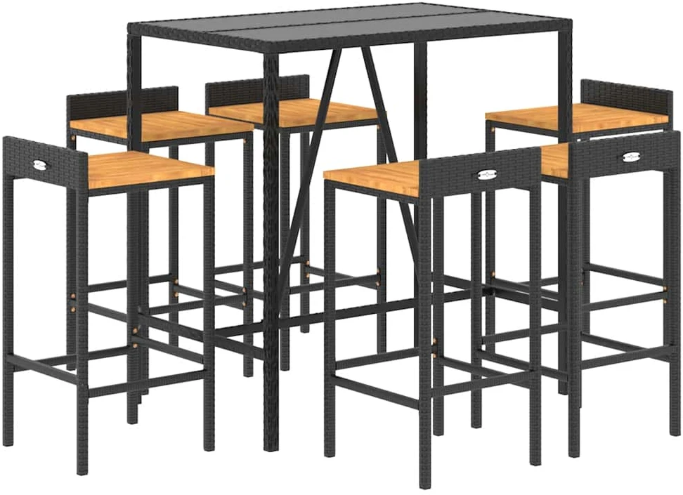 Lauko baldų komplektas Sodo baro komplektas, 7 dalių, juodas, poliratanas ir akacija