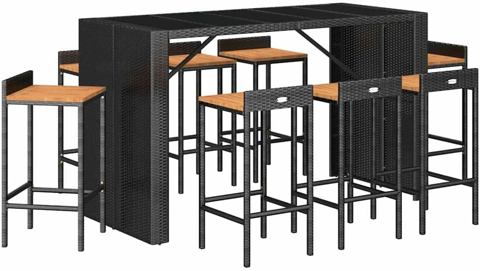 Lauko baldų komplektas Sodo baro komplektas, 9 dalių, juodas, poliratanas ir akacija