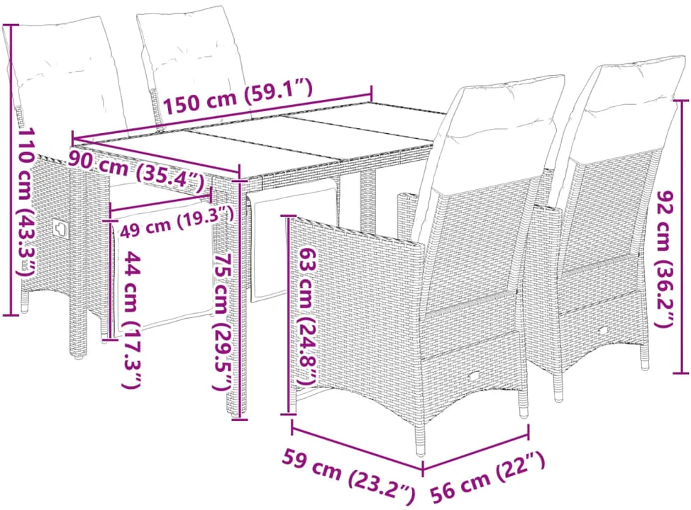 Lauko baldų komplektas Sodo bistro komplektas su pagalvėmis, 5 dalių, juodas, ratanas