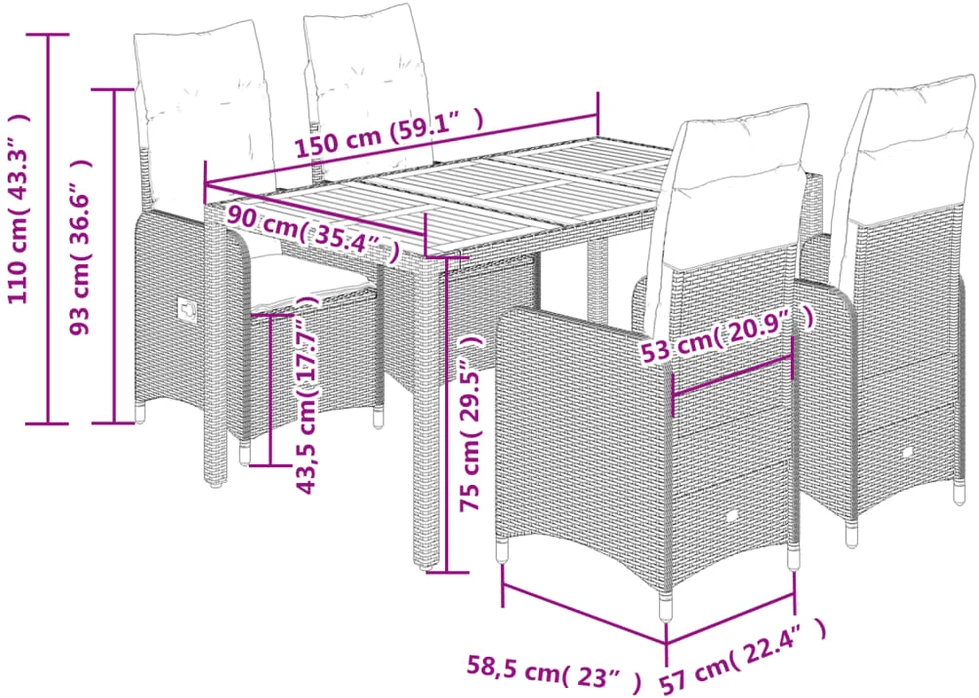 Sodo bistro komplektas su pagalvėmis, 5 dalių, juodas, ratanas
