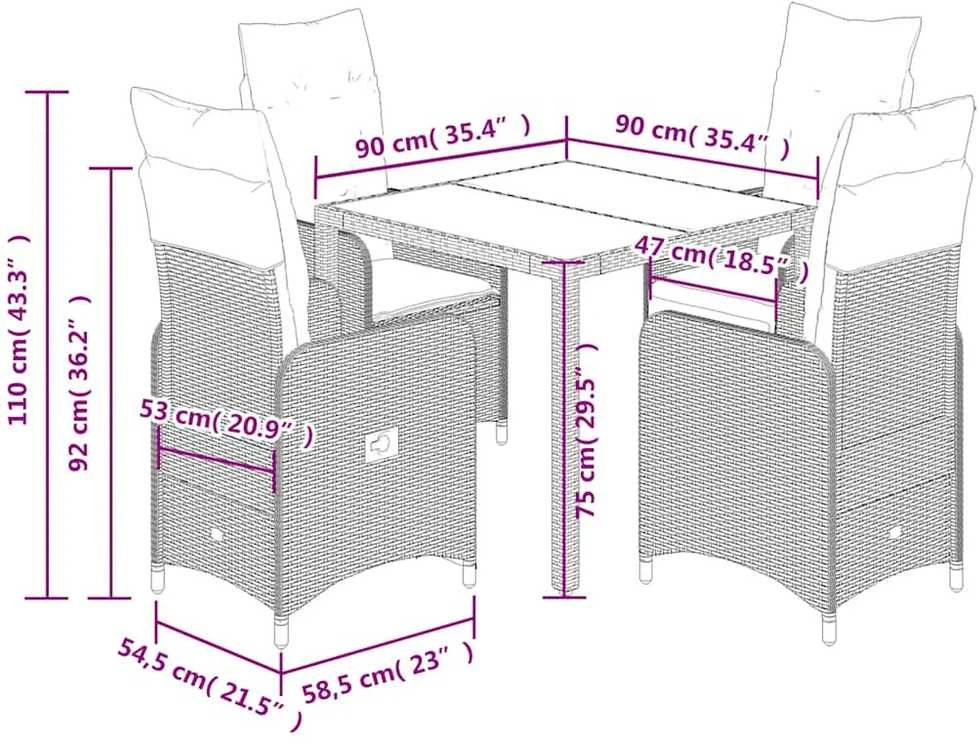 Lauko baldų komplektas Sodo bistro komplektas su pagalvėmis, 5 dalių, juodas, ratanas