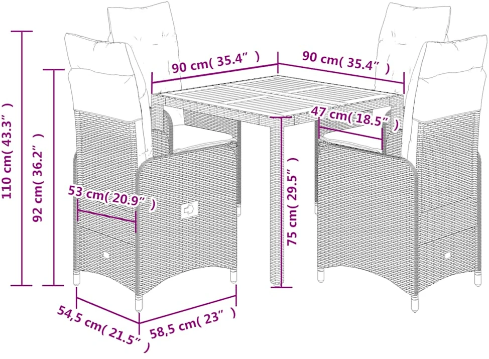 Lauko baldų komplektas Sodo bistro komplektas su pagalvėmis, 5 dalių, juodas, ratanas