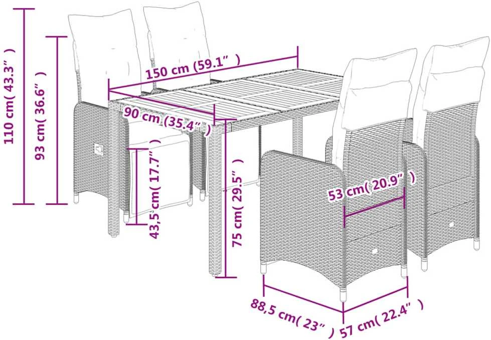 Lauko baldų komplektas Sodo bistro komplektas su pagalvėmis, 5 dalių, juodas, ratanas