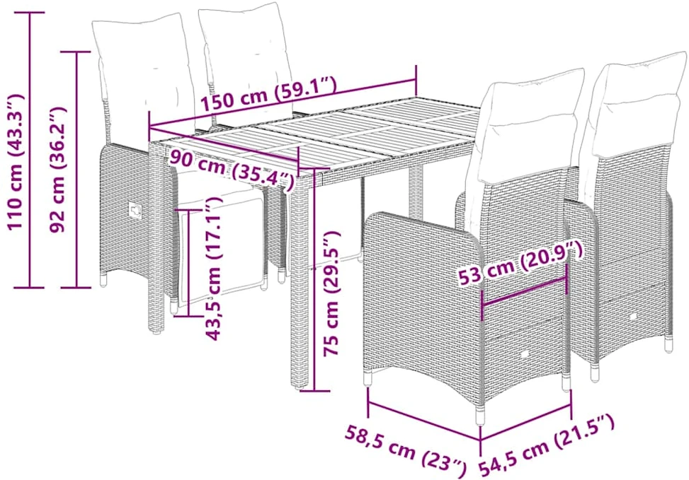 Lauko baldų komplektas Sodo bistro komplektas su pagalvėmis, 5 dalių, juodas, ratanas