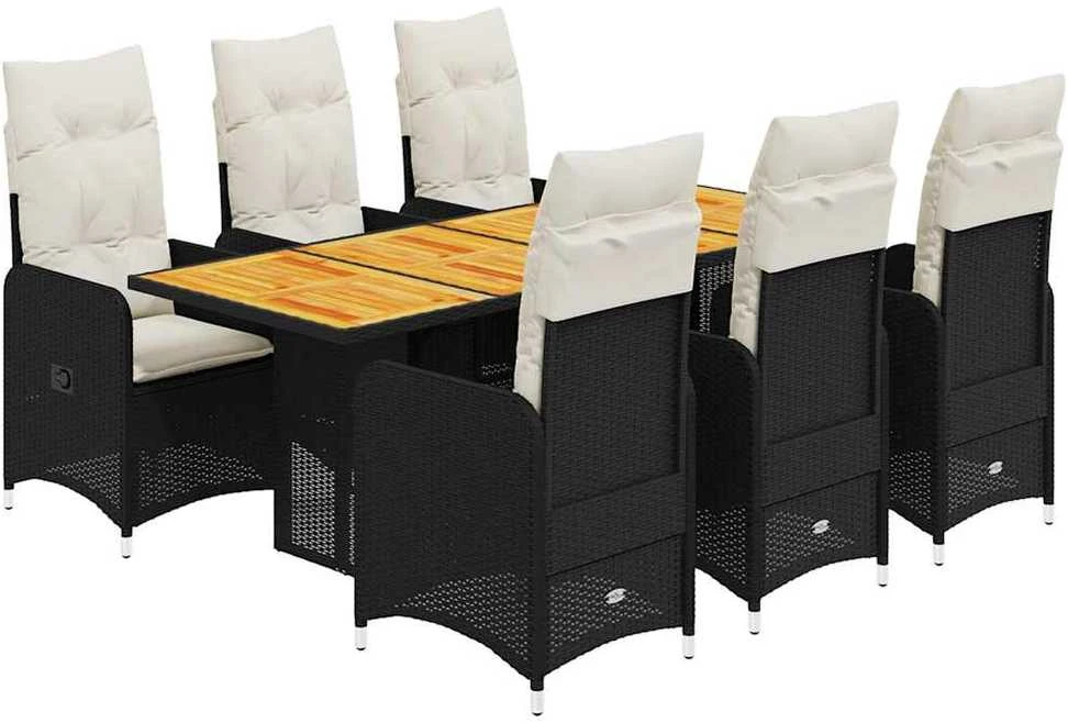 Sofa Sodo bistro komplektas su pagalvėmis, 7 dalių, juodas, ratanas
