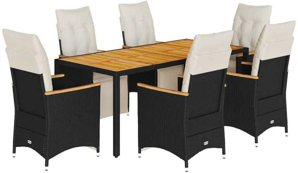 Lauko baldų komplektas Sodo bistro komplektas su pagalvėmis, 7 dalių, juodas, ratanas