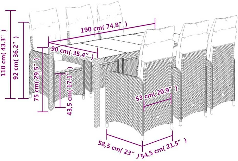 Sodo bistro komplektas su pagalvėmis, 7 dalių, juodas, ratanas