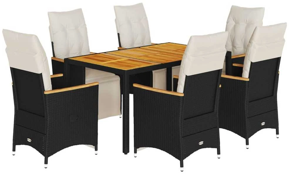 Lauko baldų komplektas Sodo bistro komplektas su pagalvėmis, 7 dalių, juodas, ratanas