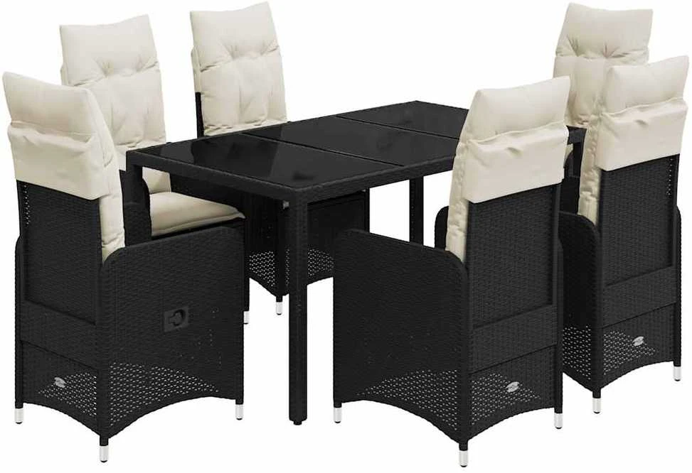 Lauko baldų komplektas Sodo bistro komplektas su pagalvėmis, 7 dalių, juodas, ratanas