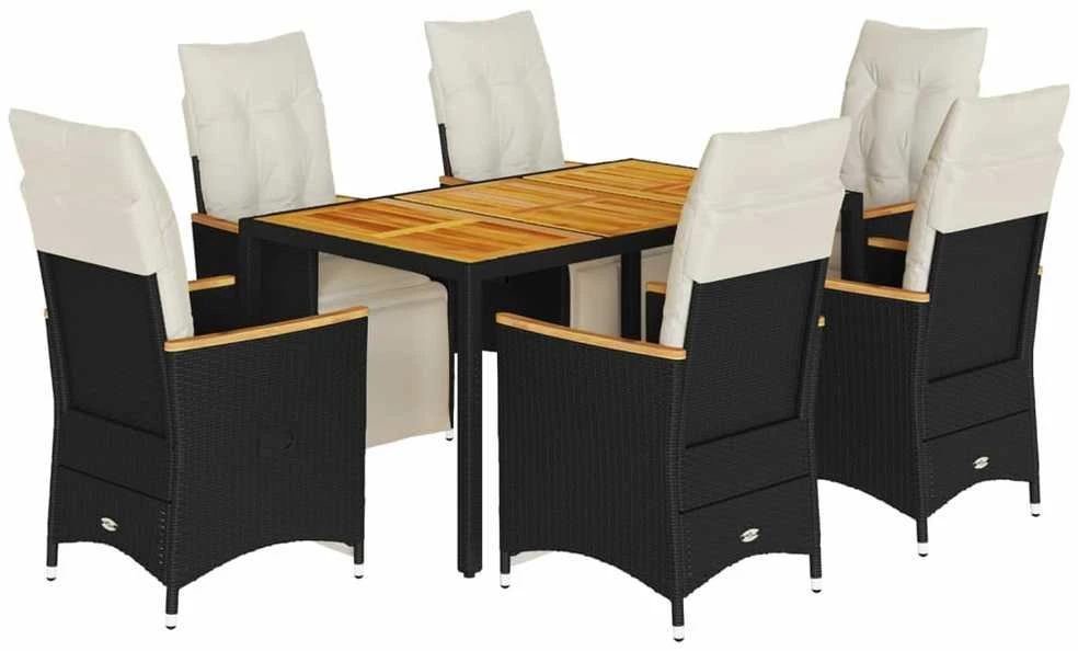 Sodo bistro komplektas su pagalvėmis, 7 dalių, juodas, ratanas