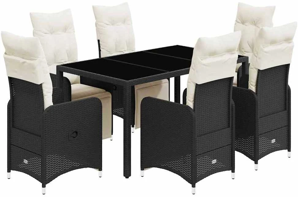 Lauko baldų komplektas Sodo bistro komplektas su pagalvėmis, 7 dalių, juodas, ratanas