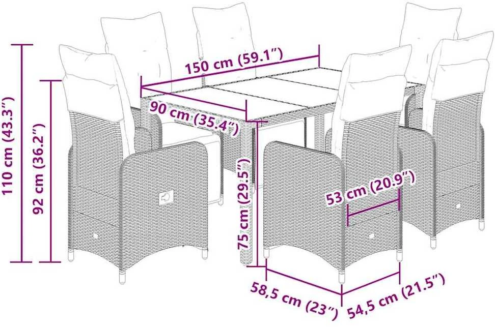 Lauko baldų komplektas Sodo bistro komplektas su pagalvėmis, 7 dalių, juodas, ratanas