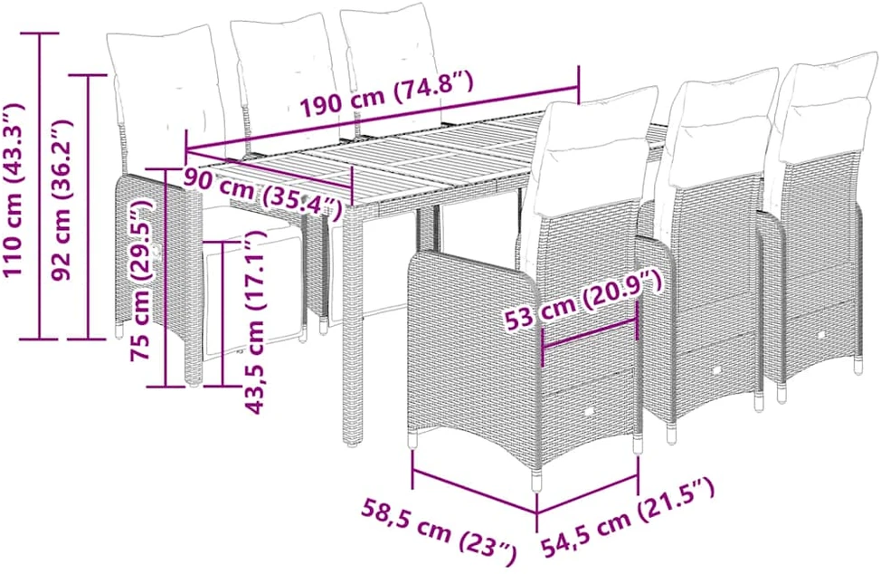Sodo bistro komplektas su pagalvėmis, 7 dalių, juodas, ratanas