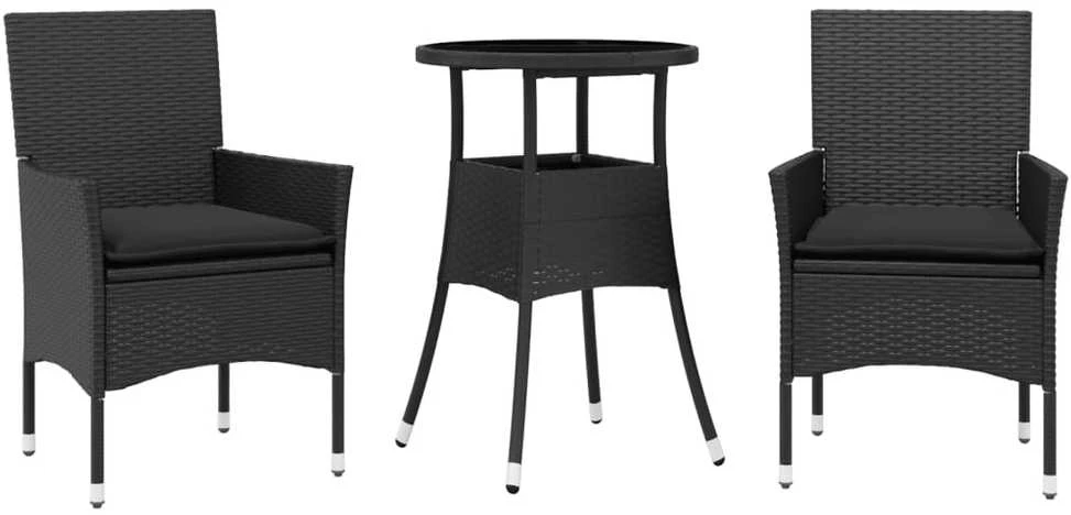 Lauko baldų komplektas Sodo komplektas, 3 dalių, juodas, poliratanas ir stiklas