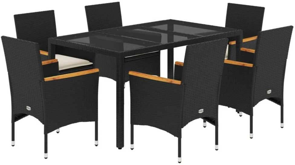 Lauko baldų komplektas Sodo komplektas, 7 dalių, juodas, poliratanas ir akacija