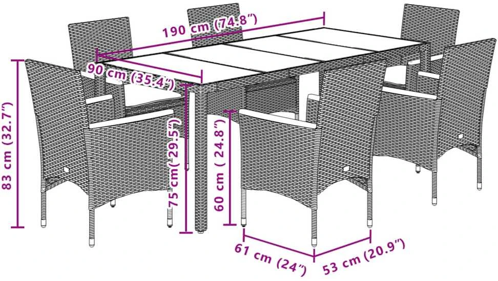 Lauko baldų komplektas Sodo komplektas, 7 dalių, juodas, poliratanas ir akacija