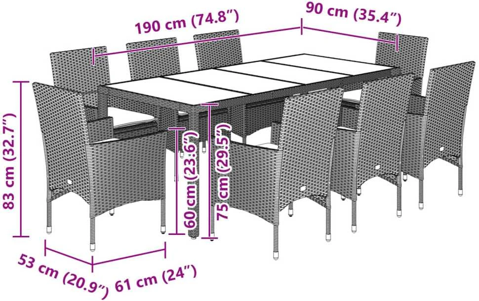 Lauko baldų komplektas Sodo komplektas, 9 dalių, juodas, poliratanas ir stiklas