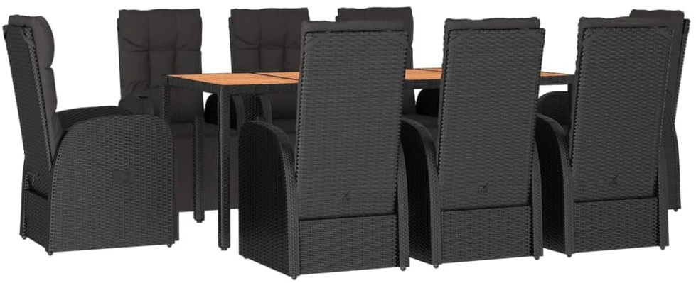Lauko baldų komplektas Sodo komplektas, 9 dalių, juodas, poliratanas ir akacija