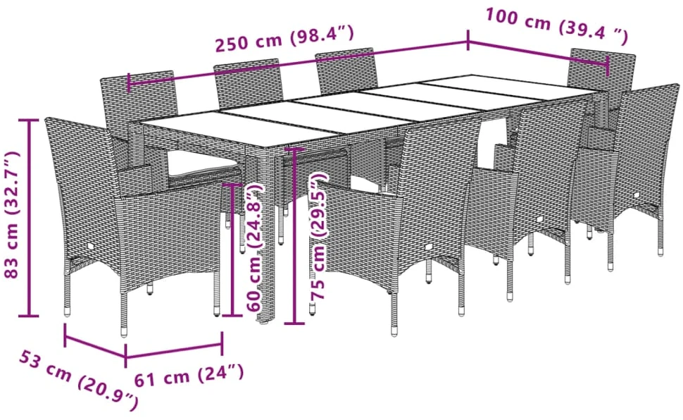 Lauko baldų komplektas Sodo komplektas, 9 dalių, smėlio, poliratanas ir stiklas