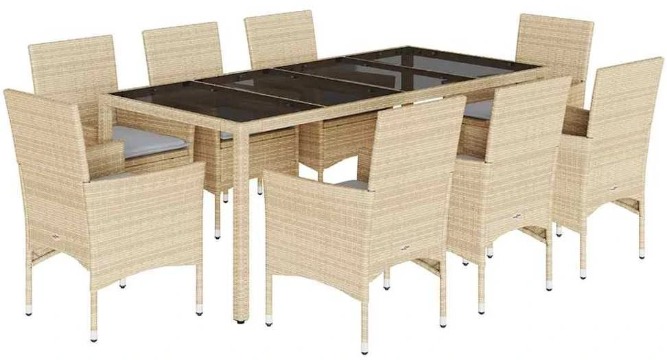 Lauko baldų komplektas Sodo komplektas, 9 dalių, smėlio, poliratanas ir stiklas