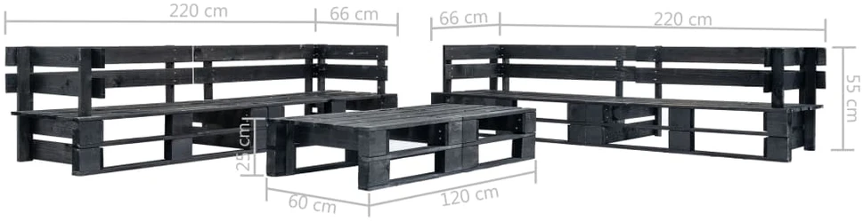 Lauko baldų komplektas Sodo komplektas iš palečių, 6 dalių, juodos spalvos, mediena