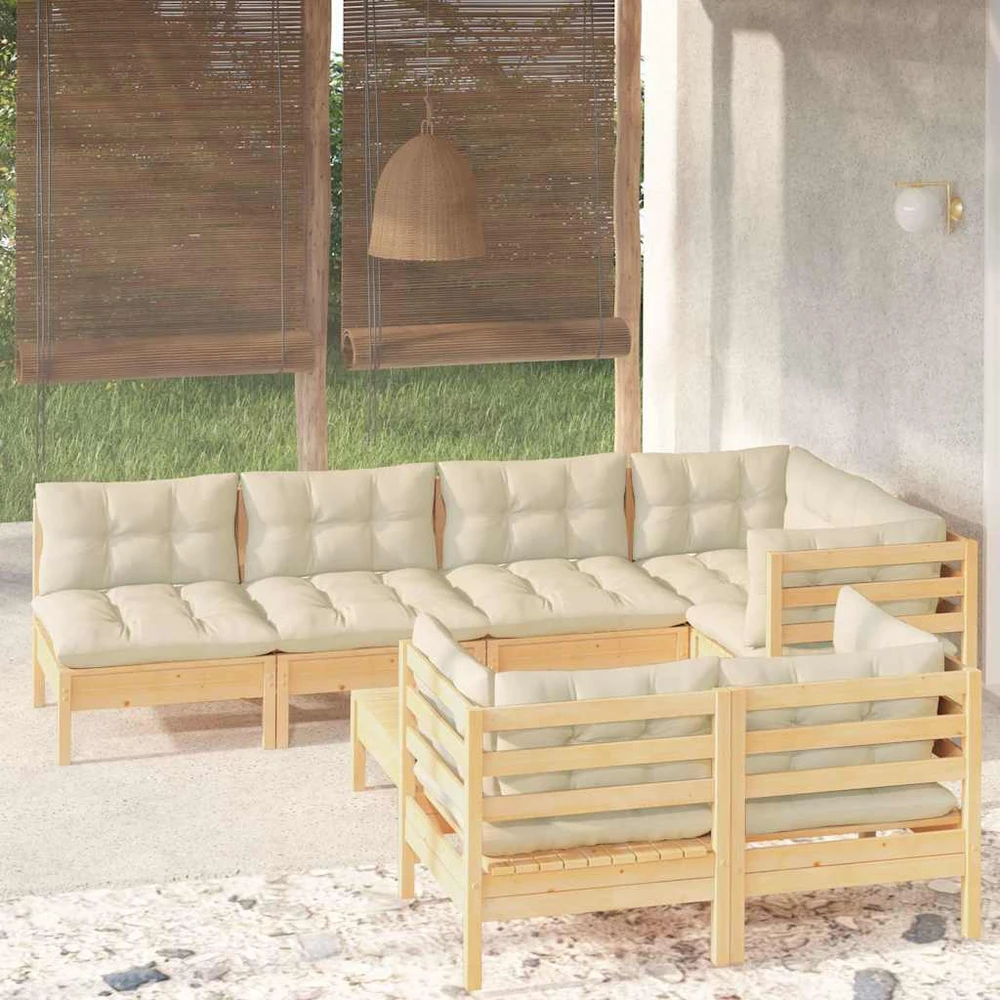 Lauko baldų komplektas Sodo komplektas su kreminėmis pagalvėlėmis, 8 dalių, pušis