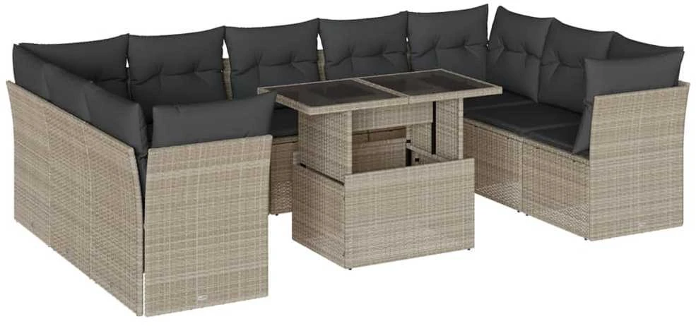 Sofa Sodo komplektas su pagalvėlėmis, 10 dalių, pilkas, poliratanas