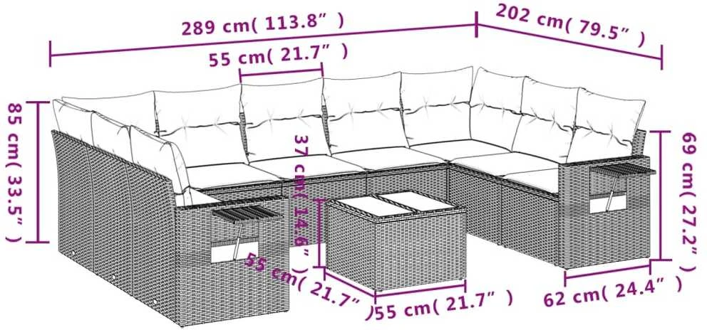 Lauko baldų komplektas Sodo komplektas su pagalvėlėmis, 10 dalių, pilkas, poliratanas