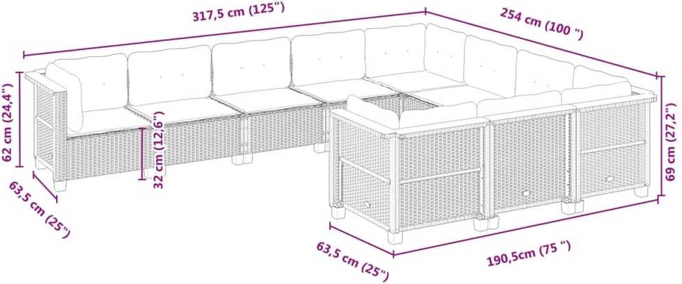 Lauko baldų komplektas Sodo komplektas su pagalvėlėmis, 10 dalių, juodas, poliratanas