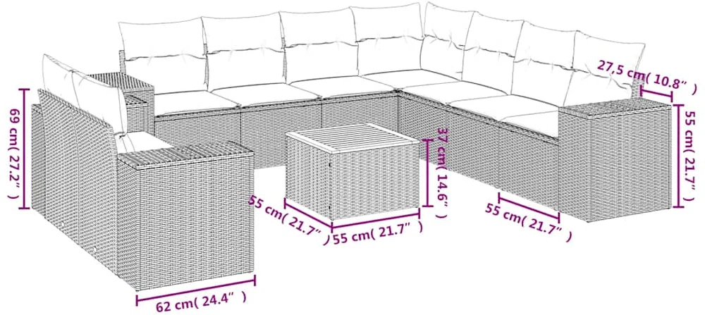 Sofa Sodo komplektas su pagalvėlėmis, 10 dalių, juodas, poliratanas