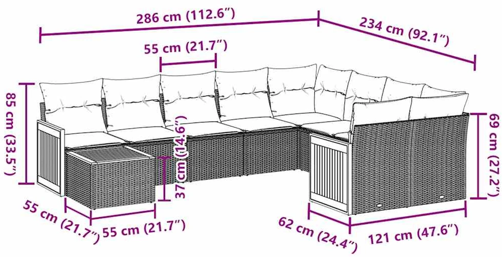 Lauko baldų komplektas Sodo komplektas su pagalvėlėmis, 10 dalių, juodas, poliratanas