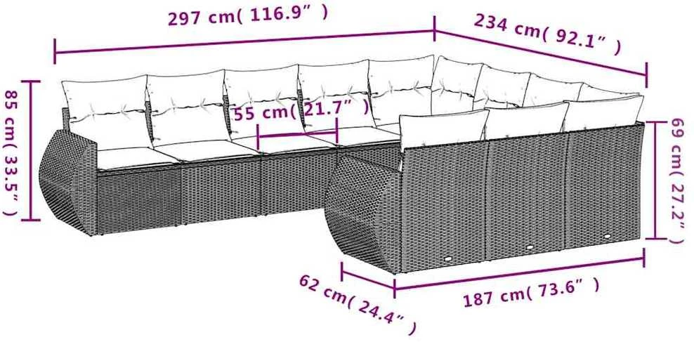 Lauko baldų komplektas Sodo komplektas su pagalvėlėmis, 10 dalių, juodas, poliratanas
