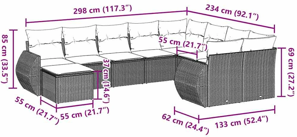 Lauko baldų komplektas Sodo komplektas su pagalvėlėmis, 10 dalių, pilkas, poliratanas
