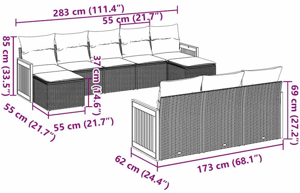 Lauko baldų komplektas Sodo komplektas su pagalvėlėmis, 10 dalių, juodas, poliratanas