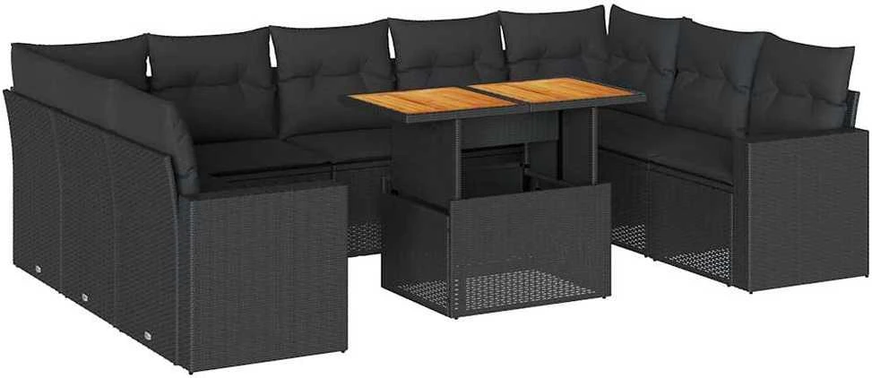 Sofa Sodo komplektas su pagalvėlėmis, 10 dalių, juodas, poliratanas