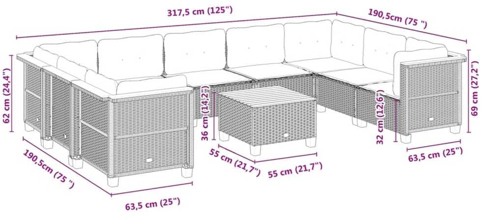 Lauko baldų komplektas Sodo komplektas su pagalvėlėmis, 10 dalių, juodas, poliratanas