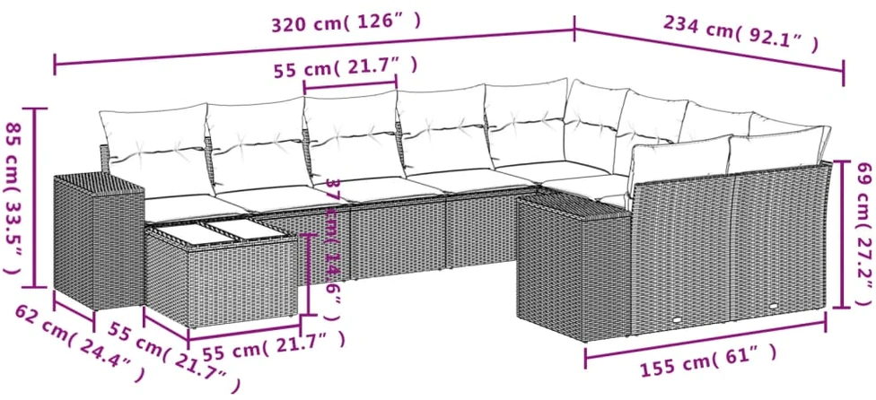 Sofa Sodo komplektas su pagalvėlėmis, 10 dalių, juodas, poliratanas
