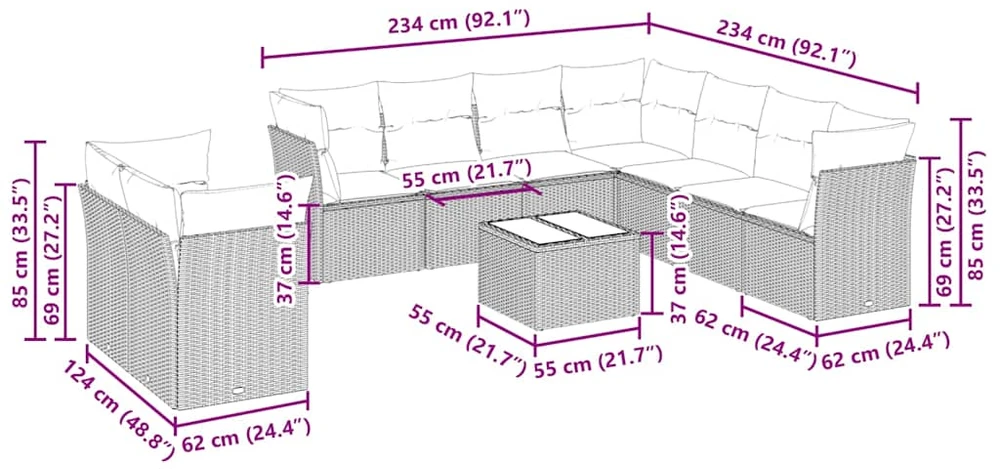Sofa Sodo komplektas su pagalvėlėmis, 10 dalių, pilkas, poliratanas