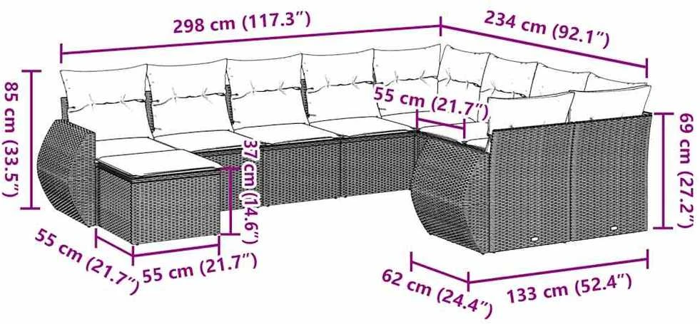 Lauko baldų komplektas Sodo komplektas su pagalvėlėmis, 10 dalių, pilkas, poliratanas