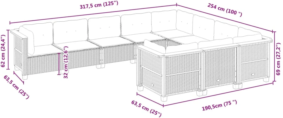 Lauko baldų komplektas Sodo komplektas su pagalvėlėmis, 10 dalių, juodas, poliratanas
