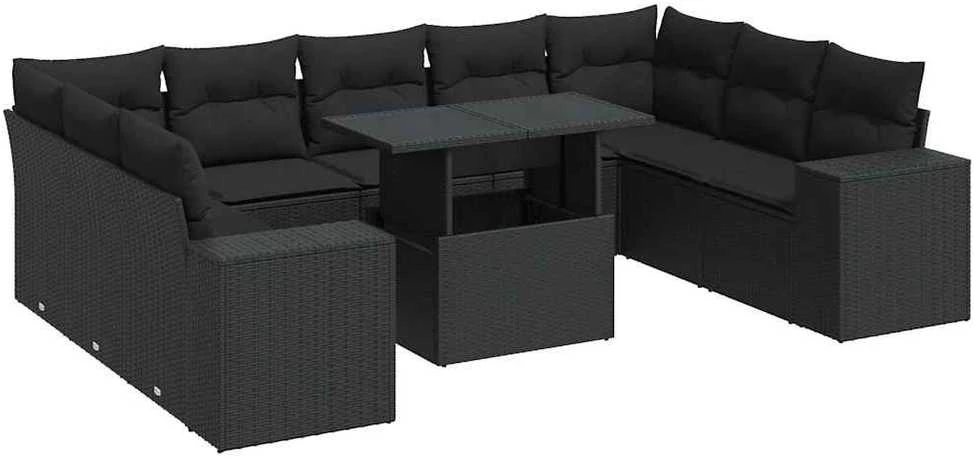 Lauko baldų komplektas Sodo komplektas su pagalvėlėmis, 10 dalių, juodas, poliratanas
