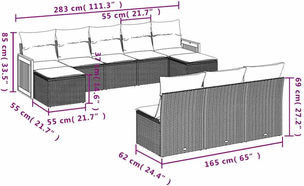 Lauko baldų komplektas Sodo komplektas su pagalvėlėmis, 10 dalių, juodas, poliratanas