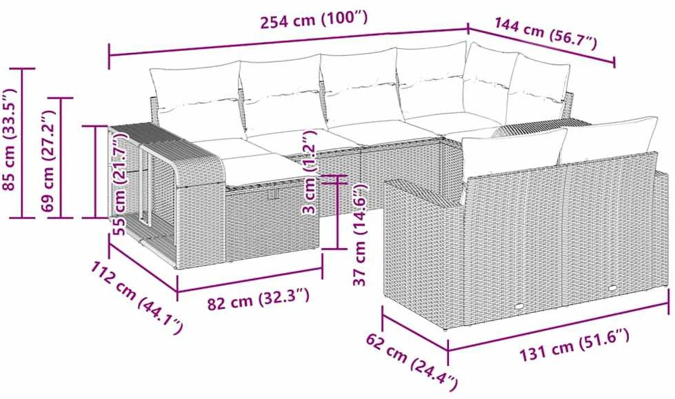 Lauko baldų komplektas Sodo komplektas su pagalvėlėmis, 10 dalių, rudas, poliratanas